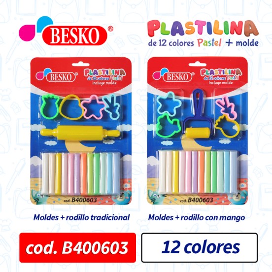 PLASTILINA DE 12 COLORES PASTEL + MOLDE - Cod.B400603