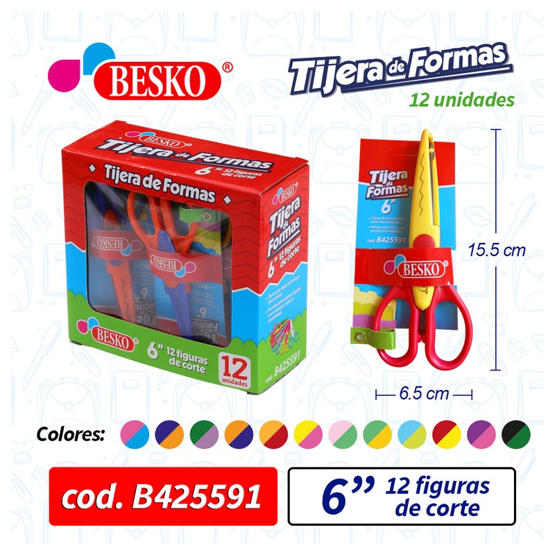 TIJERA DE FORMAS 6" BESKO 12 FIGURAS DE RECORTE - Cod.B425591