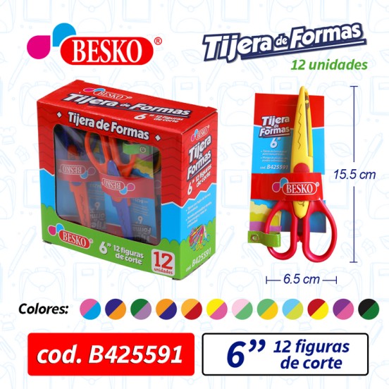 TIJERA DE FORMAS 6" BESKO 12 FIGURAS DE RECORTE - Cod.B425591