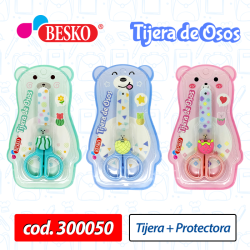 300050 - Tijera escolar con tapa, 3 diseños de osos, color PASTEL.