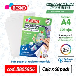 B805956 - VINILO ADHESIVO IMPRIMIBLE SEMITRASPARENTE A4 (PACK x20 HOJAS)